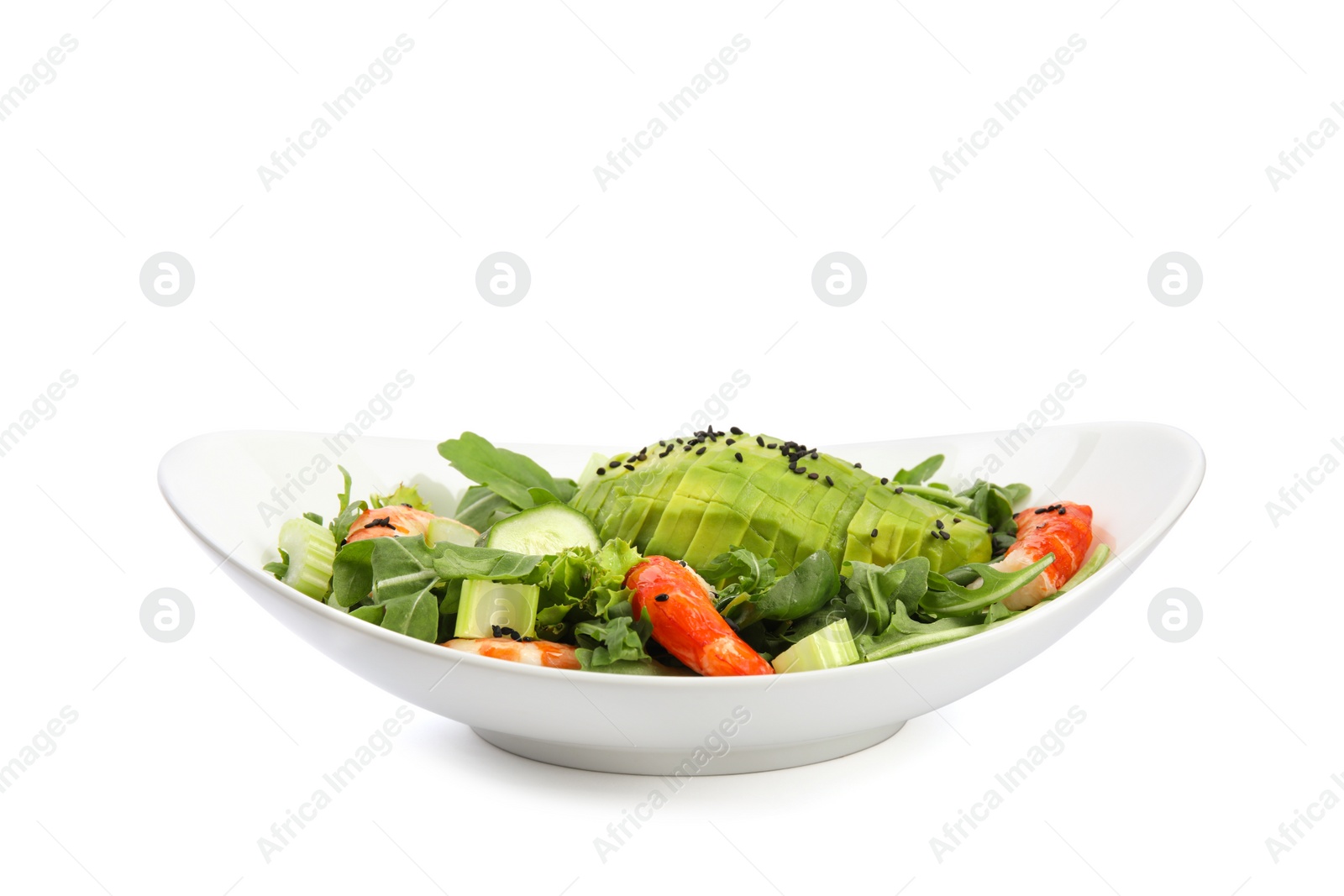 Photo of Delicious avocado salad with shrimps in bowl on white background