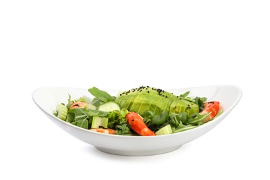 Delicious avocado salad with shrimps in bowl on white background