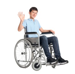 Photo of Teenage boy in wheelchair on white background