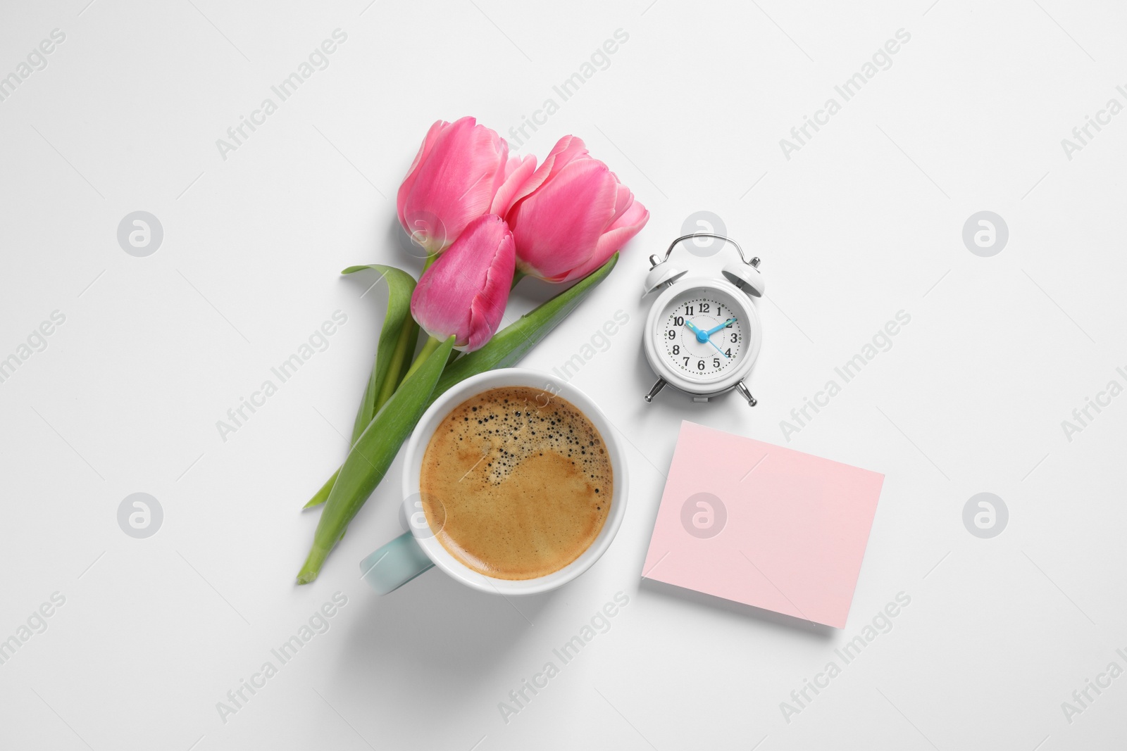 Photo of Composition with blank card and coffee on white background, top view. Good morning