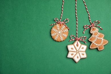 Photo of Tasty homemade Christmas cookies on color background