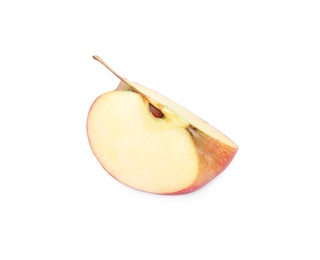 Photo of Piece of ripe juicy red apple on white background