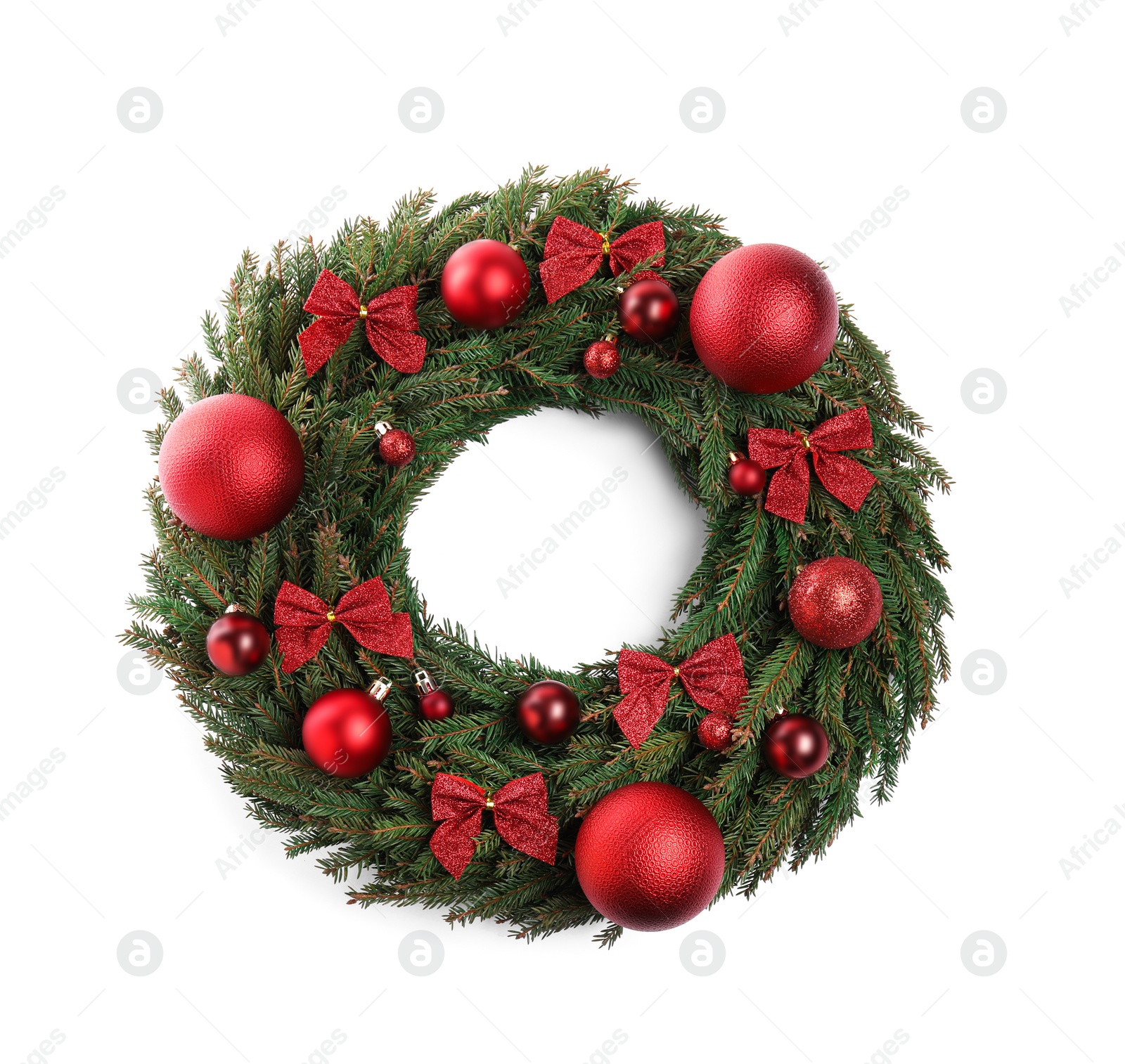 Photo of Beautiful Christmas wreath isolated on white, top view
