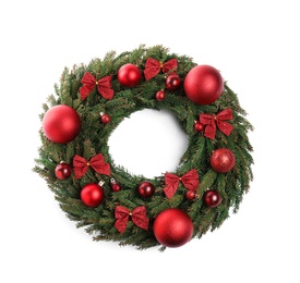 Beautiful Christmas wreath isolated on white, top view