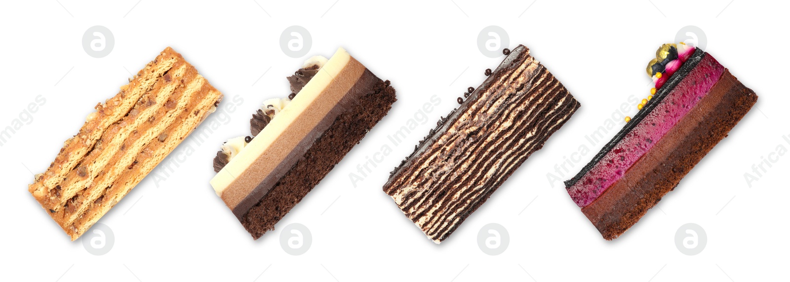 Image of Set of different delicious cakes on white background, top view