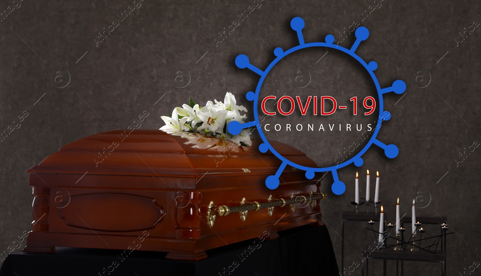 Image of Coronavirus deaths. Funeral casket with white lilies at grey wall
