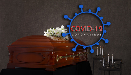 Image of Coronavirus deaths. Funeral casket with white lilies at grey wall