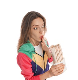 Emotional woman with delicious shawarma on white background