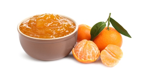 Photo of Bowl of tasty jam and fresh tangerines on white background