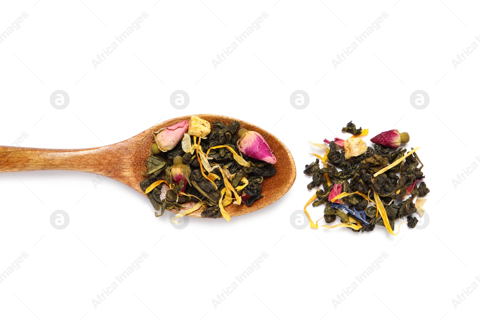 Photo of Wooden spoon with dry herbal tea on white background, top view