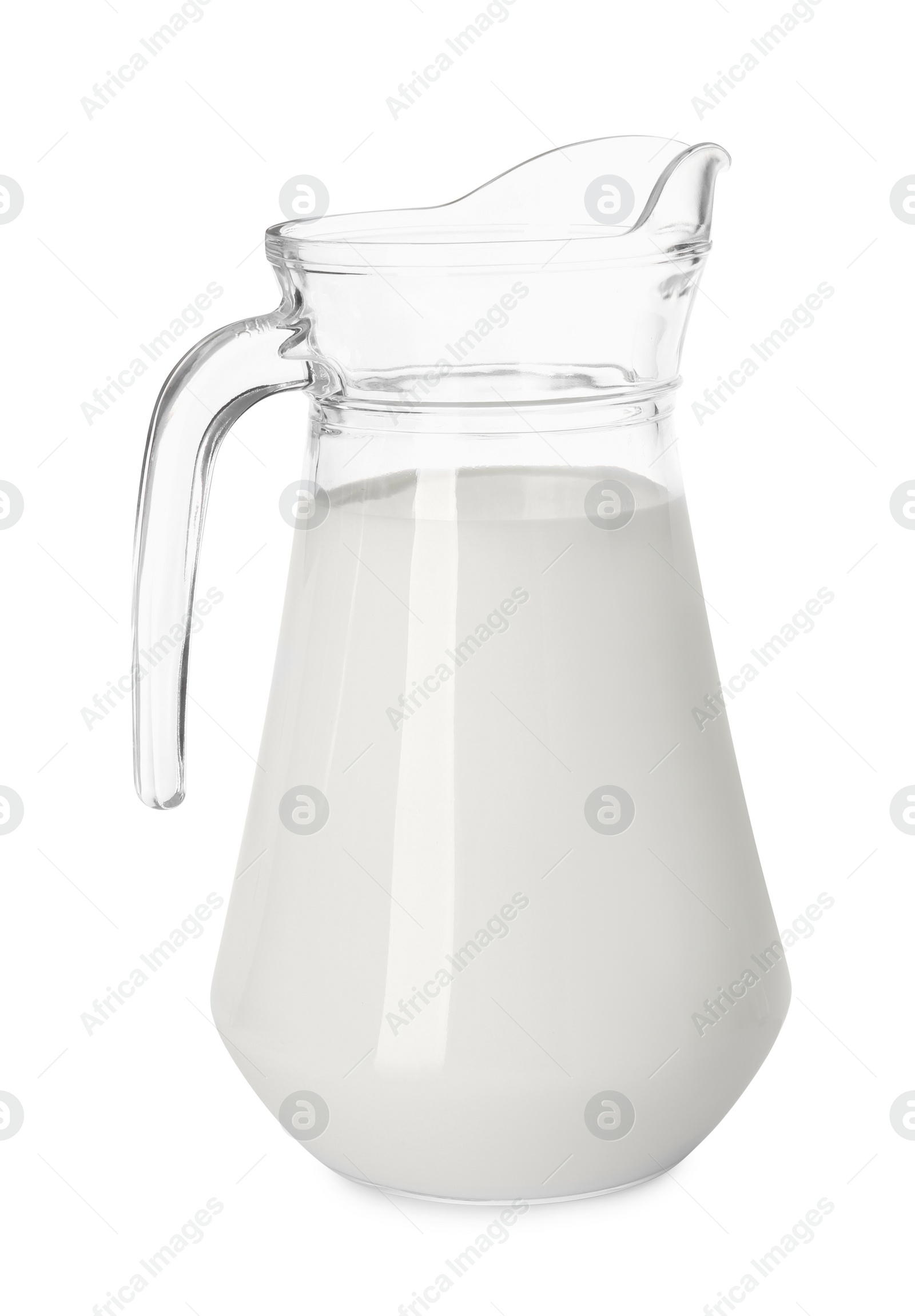 Photo of Glass jug of fresh milk isolated on white