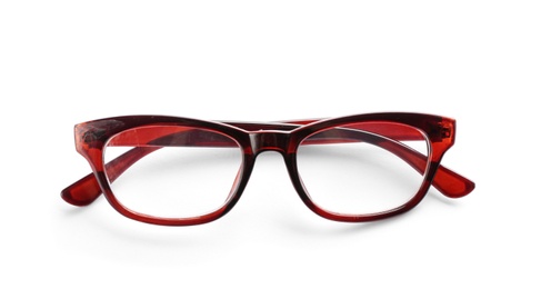 Photo of Glasses with corrective lenses on white background. Vision problem