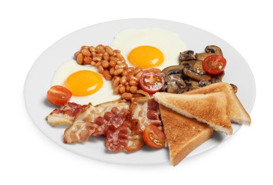 Plate with fried eggs, mushrooms, beans, tomatoes, bacon and toasts isolated on white. Traditional English breakfast