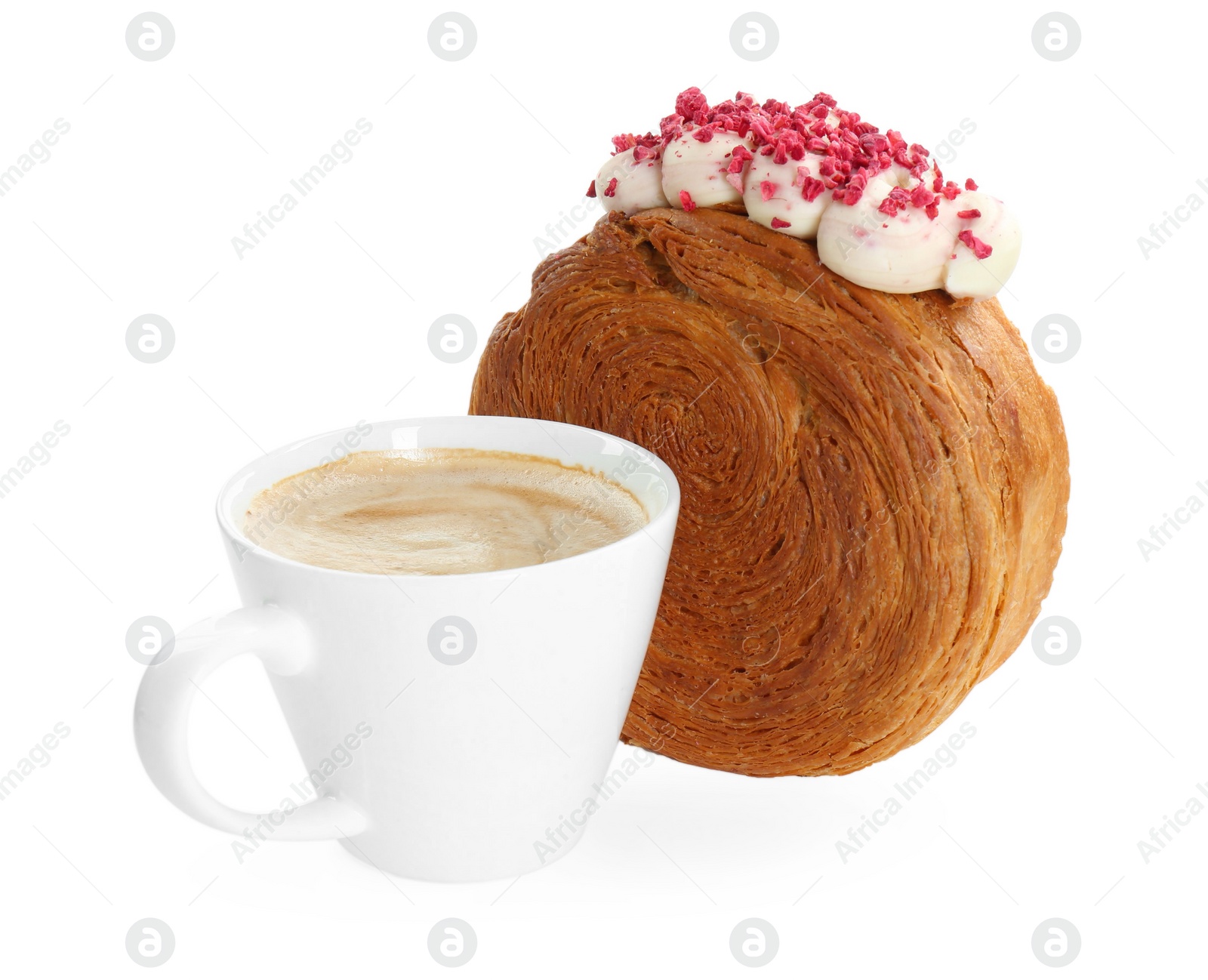 Photo of Round croissant with cream and cup of coffee isolated on white. Tasty puff pastry