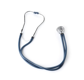 Photo of Stethoscope on white background, top view. Medical device