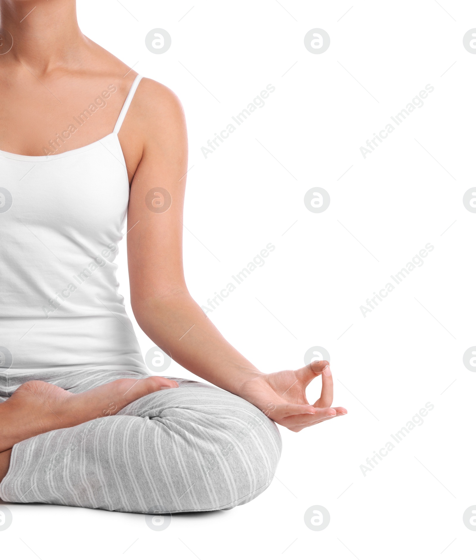 Photo of African-American woman meditating on white background, closeup