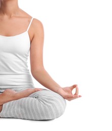 Photo of African-American woman meditating on white background, closeup