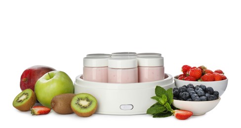 Photo of Modern yogurt maker with full jars and ingredients on white background