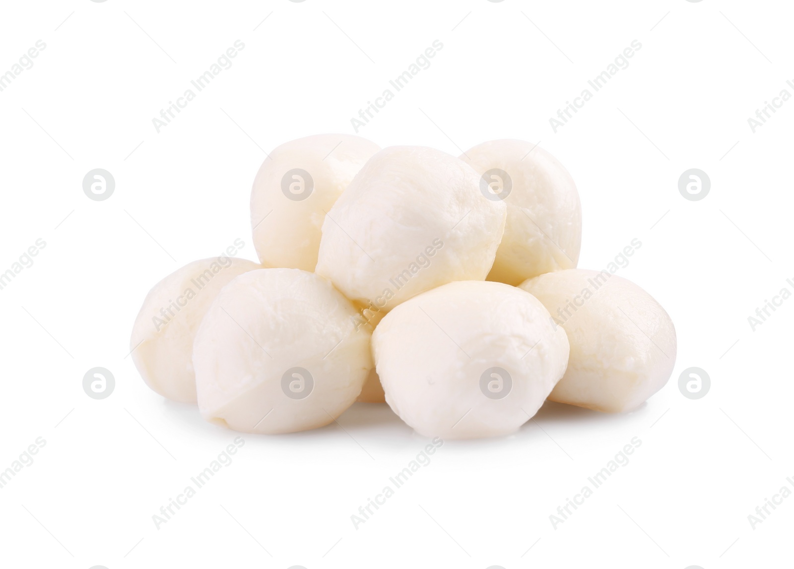 Photo of Tasty mozzarella cheese balls isolated on white