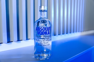 Photo of MYKOLAIV, UKRAINE - SEPTEMBER 23, 2019: Bottle of Absolut vodka on bar counter