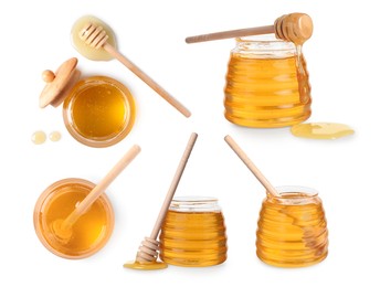 Image of Natural honey in glass jars and dippers isolated on white, set