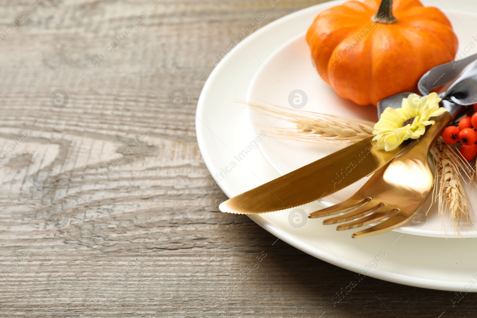 Photo of Festive table setting on wooden background, closeup with space for text. Thanksgiving Day celebration