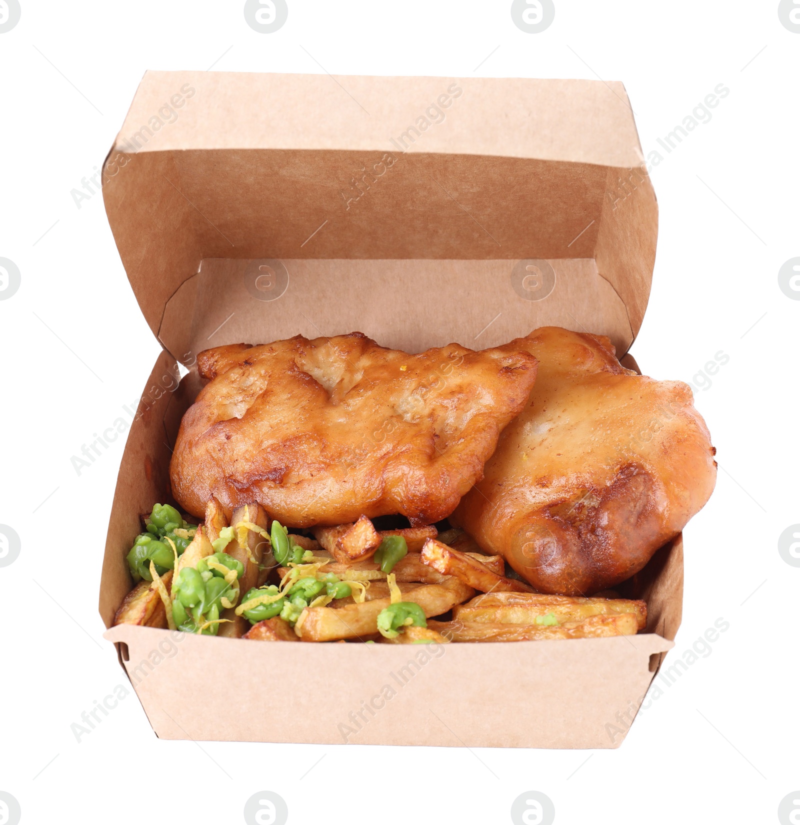 Photo of Tasty fish, chips and peas in paper box isolated on white