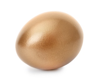 Photo of One shiny golden egg on white background