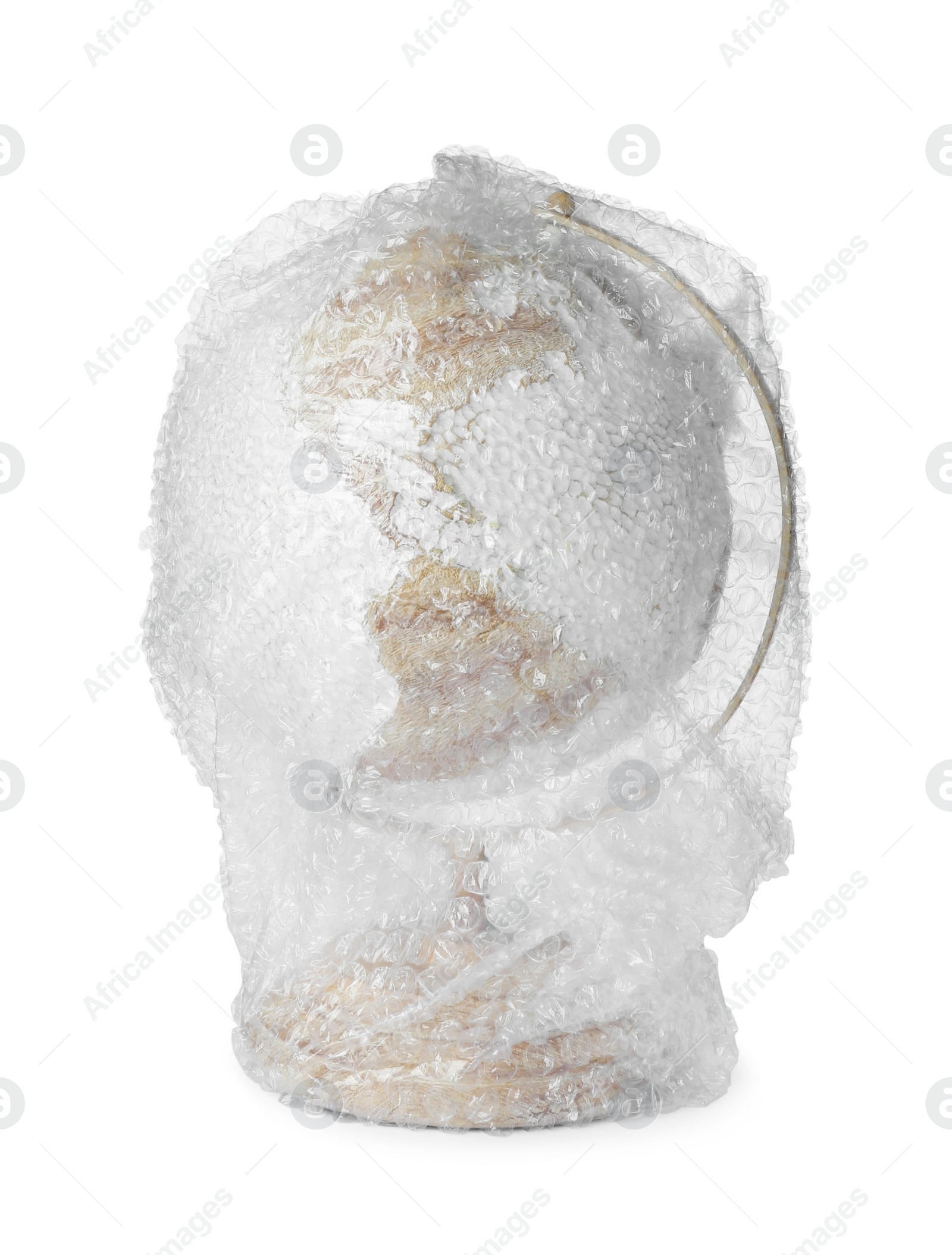 Photo of Globe in bubble wrap isolated on white. Environmental protection concept