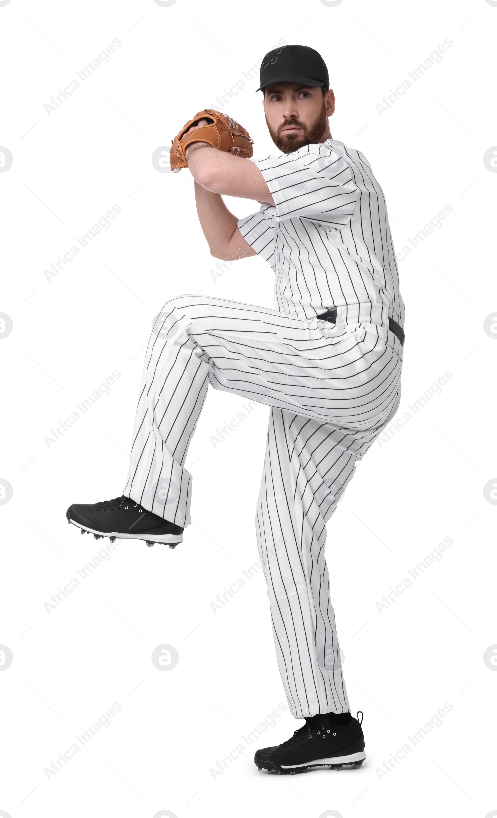 Photo of Baseball player with leather glove on white background