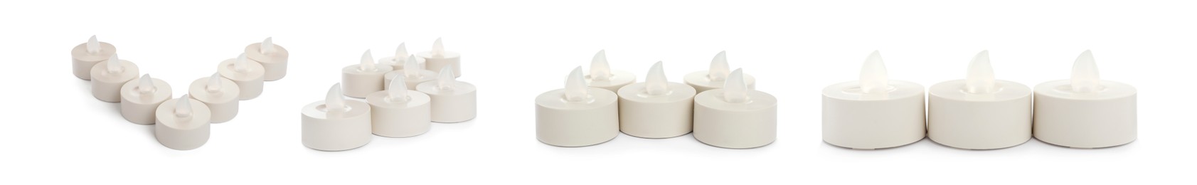 Image of Set with decorative flameless LED candles on white background. Banner design