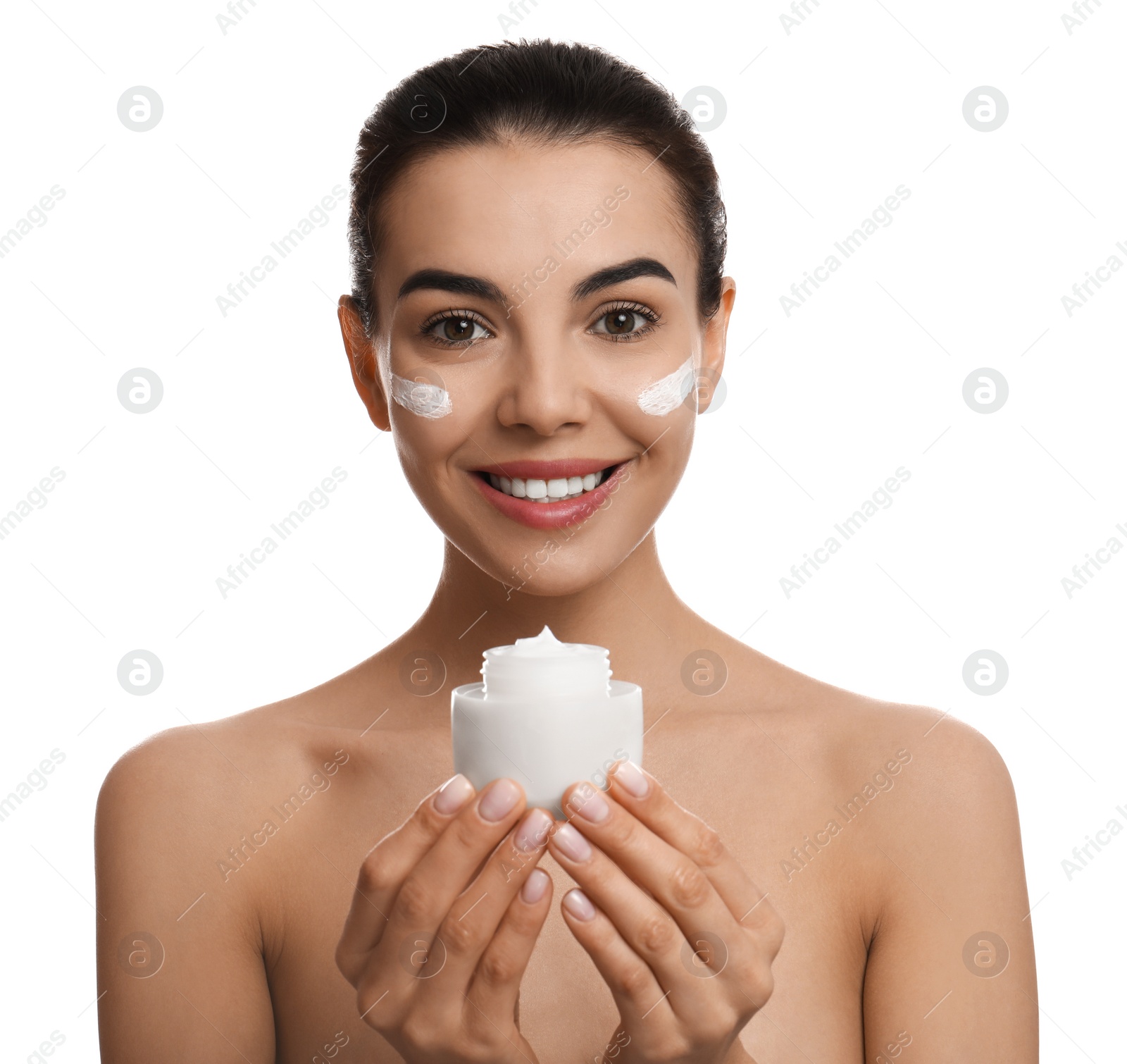 Photo of Woman holding jar of facial cream on white background