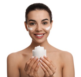 Photo of Woman holding jar of facial cream on white background