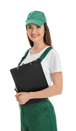 Photo of Portrait of professional auto mechanic with clipboard on white background