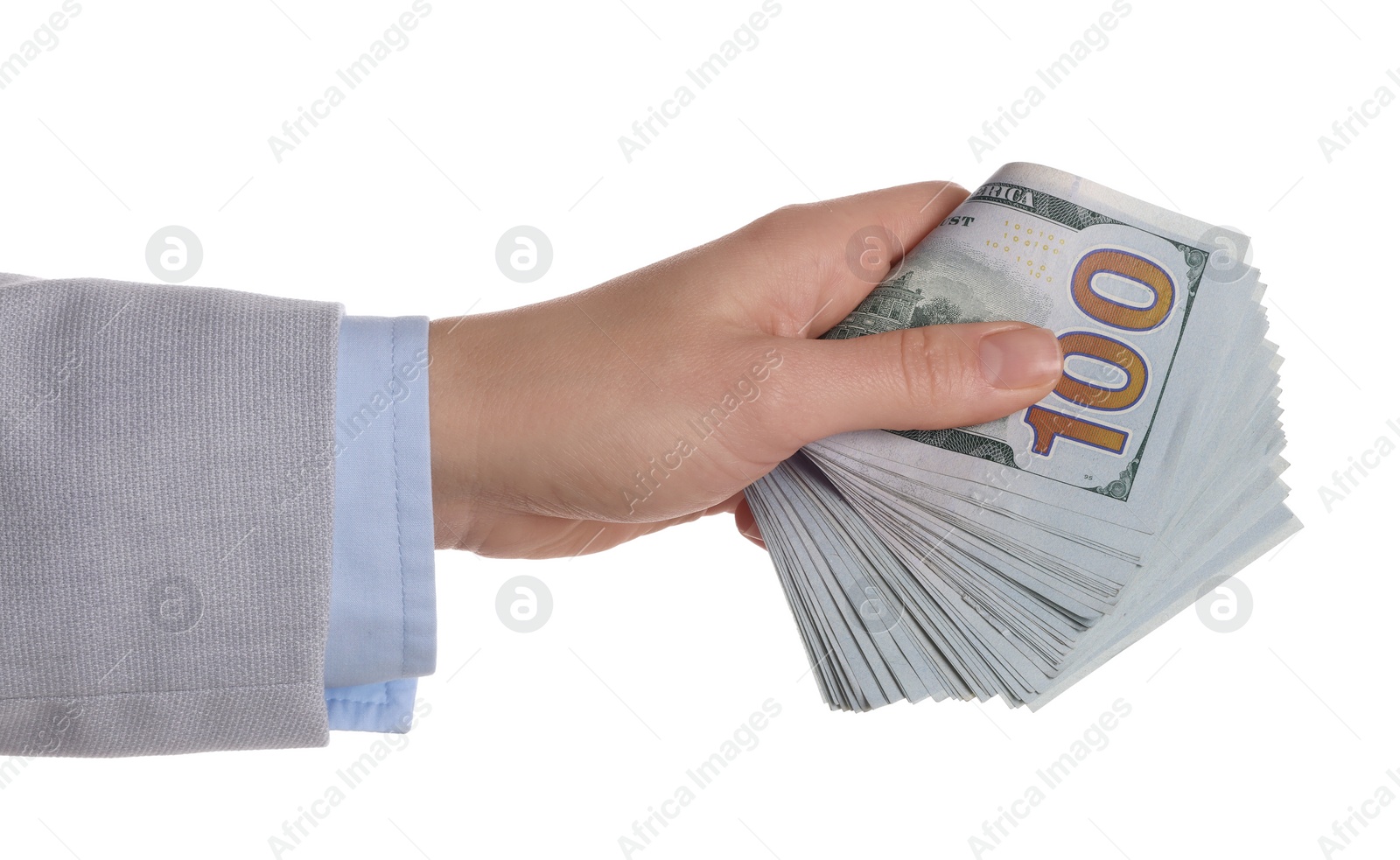 Photo of Money exchange. Woman holding dollar banknotes on white background, closeup