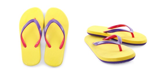 Image of Stylish flip flops on white background, collage. Banner design