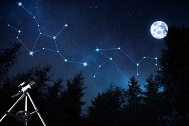 Image of Different constellations in starry sky over forest on full moon night. Stargazing with telescope