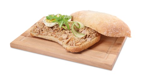 Delicious sandwich with tuna, boiled egg, cucumber slice and greens on white background