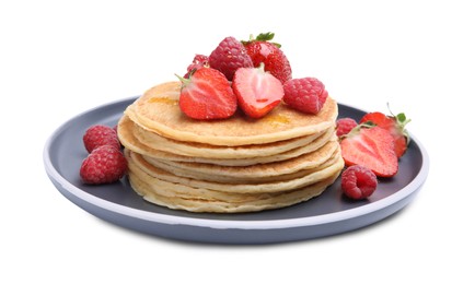 Photo of Tasty pancakes with fresh berries and honey on white background