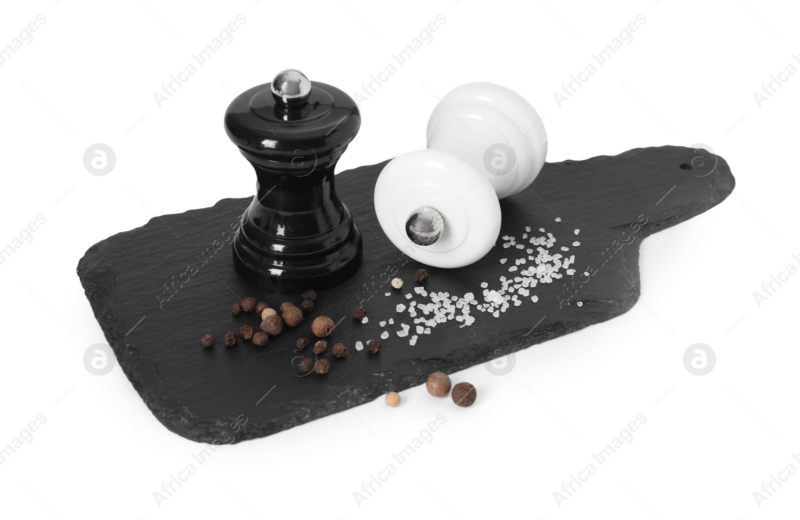 Photo of Two shakers with pepper and salt isolated on white