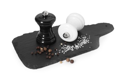 Photo of Two shakers with pepper and salt isolated on white