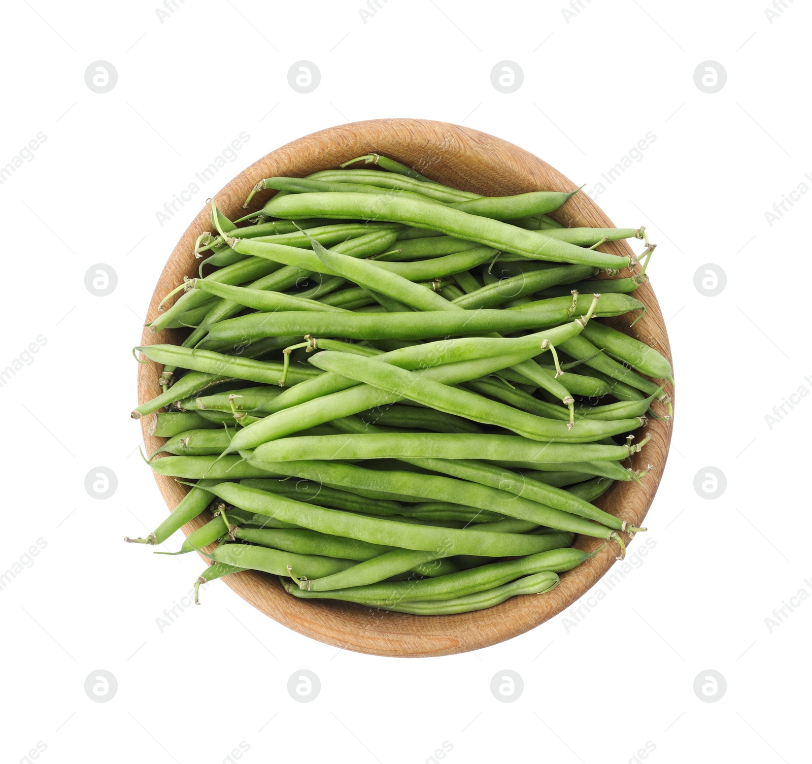 Photo of Fresh green beans in wooden bowl isolated on white, top view