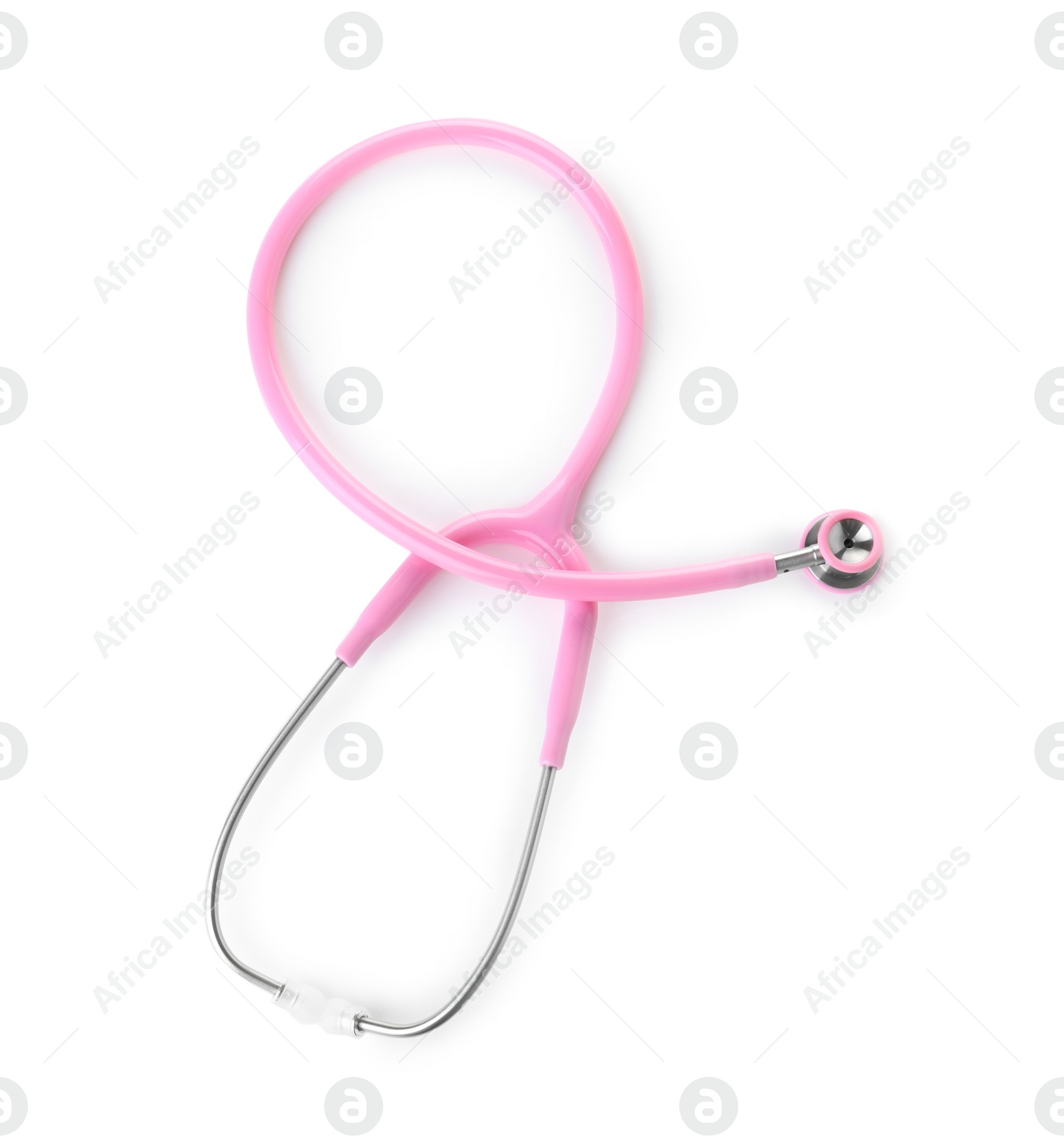 Photo of Stethoscope on white background, top view. Medical device