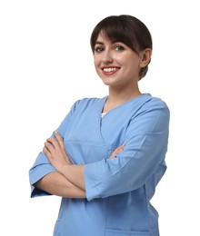 Portrait of smiling medical assistant with crossed arms on white background