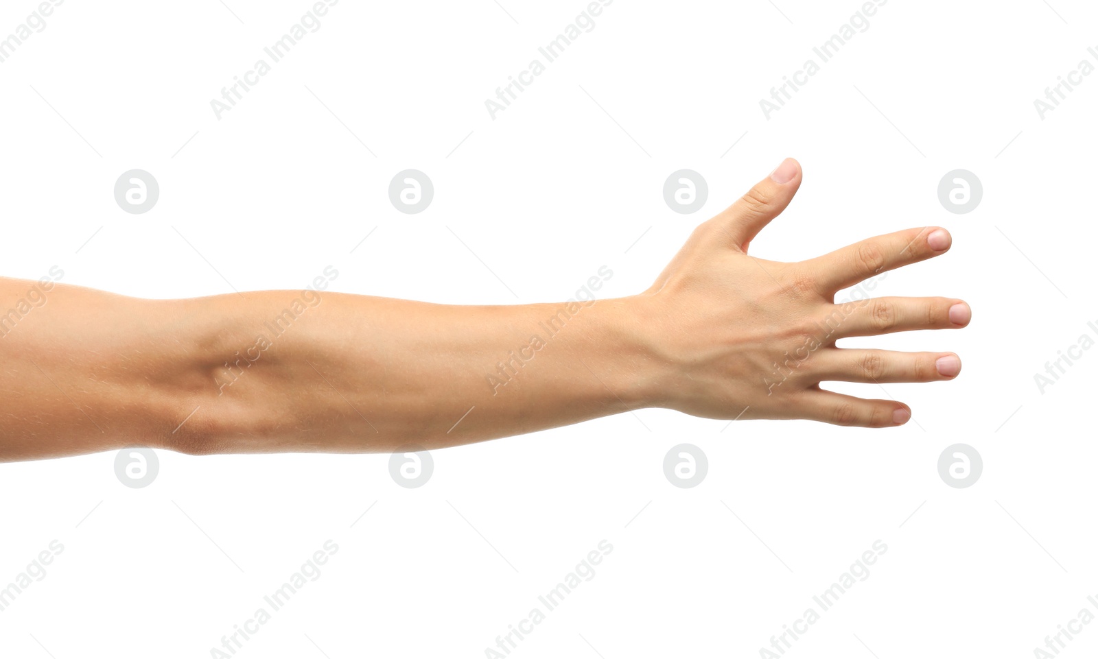 Photo of Young man held out hand on white background, closeup