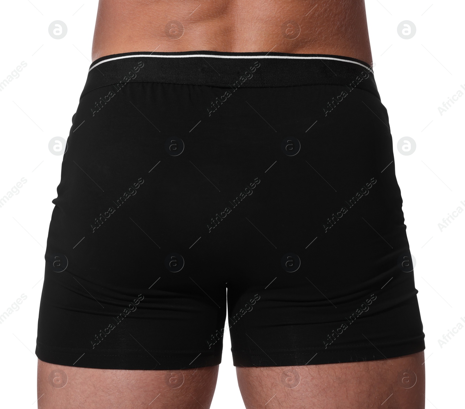 Photo of Young man is stylish black underwear on white background, closeup