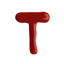 Photo of Letter T written with ketchup on white background