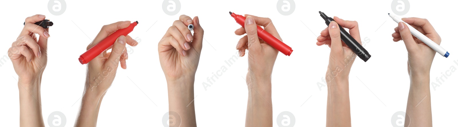 Image of Collage with photos of woman holding different markers on white background, closeup