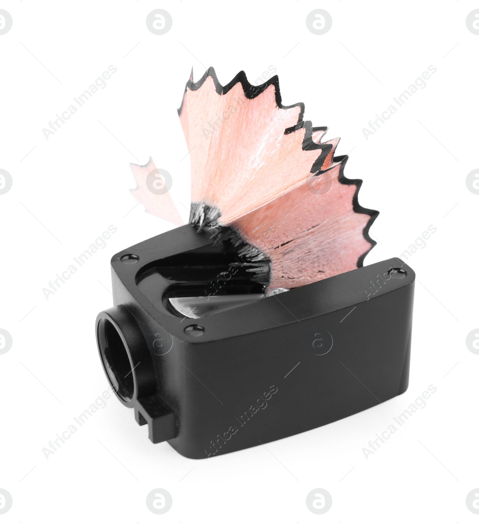 Photo of Black sharpener with pencil shavings on white background