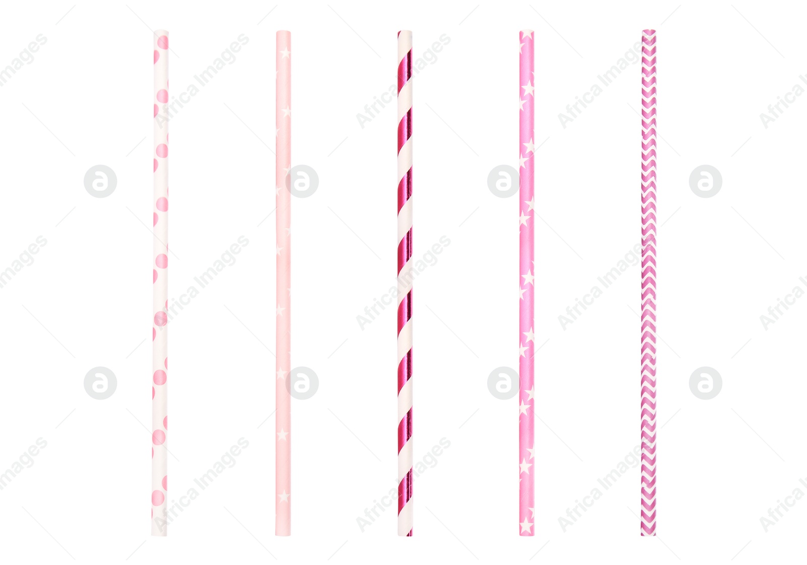 Image of Set of bright paper drinking straws on white background